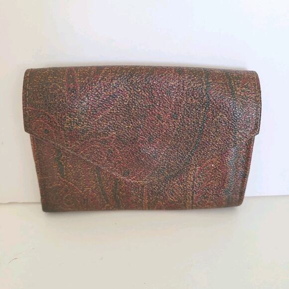 Etro Vintage Brown Paisley Card Small Leather Mini Wallet Compact Logo Italian - Picture 1 of 10